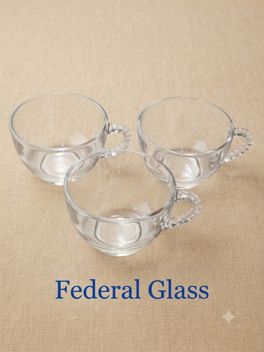 Vintage Federal Glass Clear Glass Punch/Tea Cups with Hobnob Handles Set of 3 **